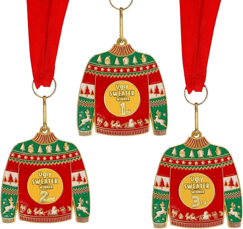 TTQ 3PCS Ugly Christmas Sweater Medal Award with Neck Ribbon,1st 2nd 3rd Place Medals Prizes for Winner in Ugly Sweater Contest Party,Best Parties Holidays Christmas Tree Ornament - Image 1
